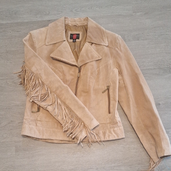 Gallery Tan Leather Fringe Biker Jacket Y2K - Picture 1 of 10